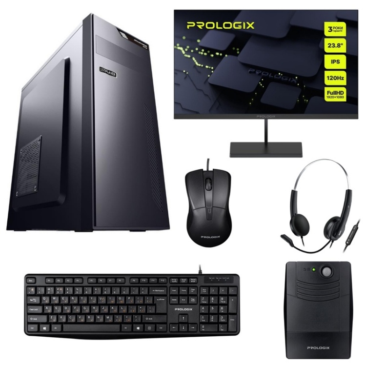 Зображення Системний блок Prologix (i5-12400 2.5GHz/H610/16G/SSD-512GB/Wi-Fi-AC/400W/WIN 11 PRO UKR/Microsoft Office/монітор 23,8" гарнітура, клавіатура, миша, ДБЖ) 